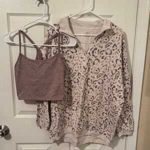Aerie Leopard Print Quarter Zip and Mauve Crop Top